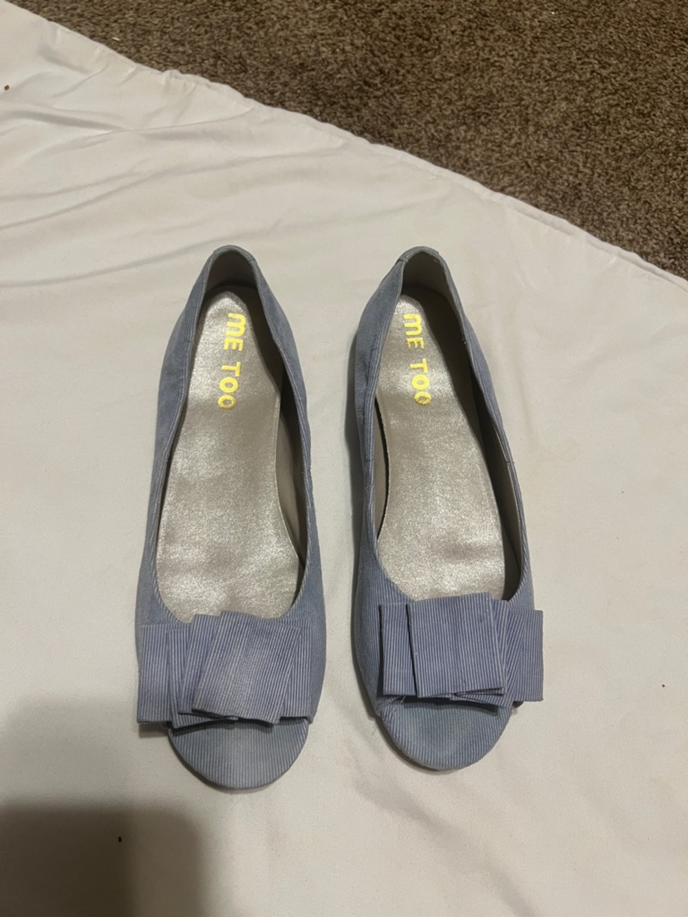 Me Too blue sueded leather pinstripe peep toe flat. Worn once